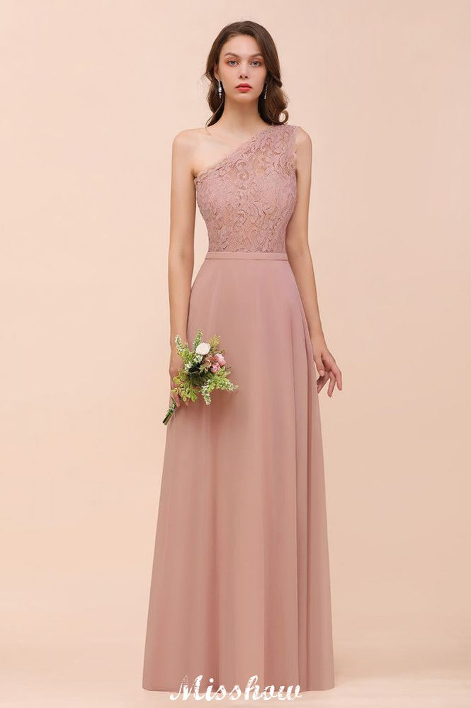 Vestido de dama de honor de gasa con un solo hombro, color rosa empolvado, ideal para invitadas de boda.