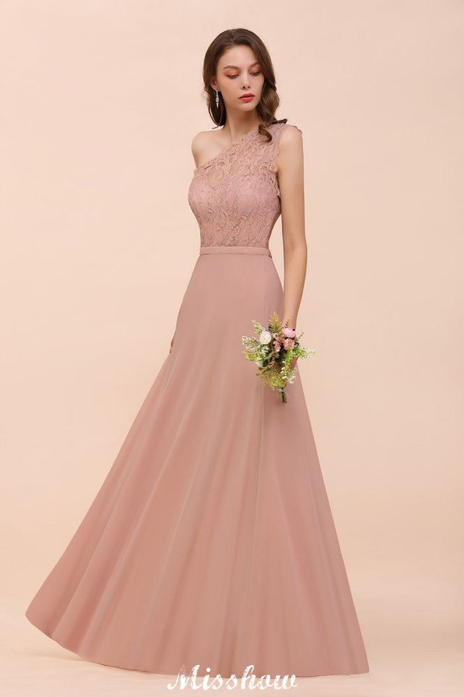 Vestido de dama de honor de gasa con un solo hombro, color rosa empolvado, ideal para invitadas de boda.