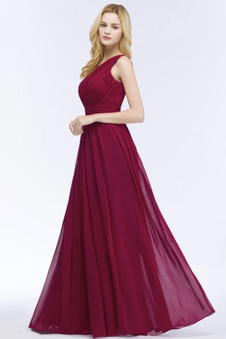 One-shoulder Floor Length Burgundy Ruffled Chiffon A-line Bridesmaid Dresses