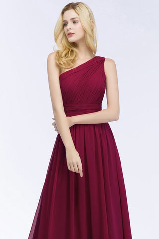 One-shoulder Floor Length Burgundy Ruffled Chiffon A-line Bridesmaid Dresses