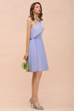 Vestido corto de dama de honor lavanda de un solo hombro, de gasa hasta la rodilla, sencillo, para uso diario.