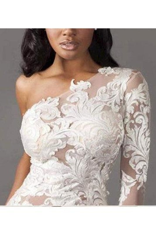 Vestidos de novia elegantes de sirena, con un solo hombro, manga larga, tul y encaje. 
