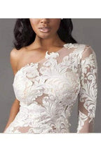 Vestidos de novia elegantes de sirena, con un solo hombro, manga larga, tul y encaje. 