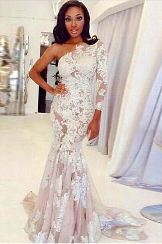 Vestidos de novia elegantes de sirena, con un solo hombro, manga larga, tul y encaje. 