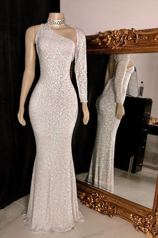 One Shoulder Long Sleevess Silver Party Dress Sequins Mermaid Prom Gowns