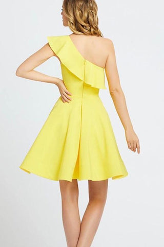 One Shoulder Ruffled Short Prom Dress Yellow Homecoming Dress PD342