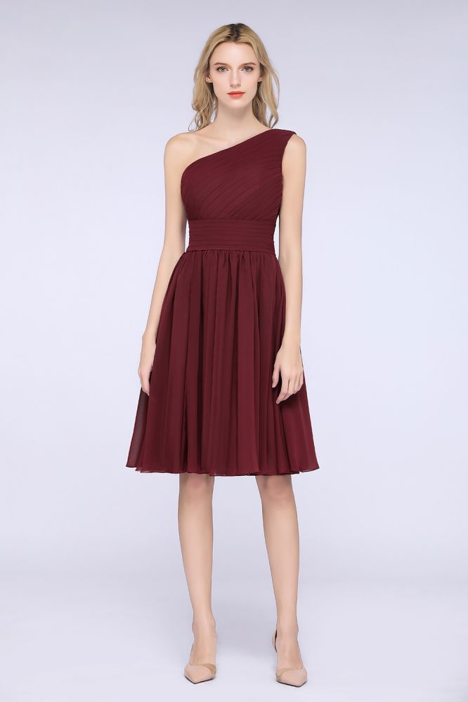 Vestido de dama de honor de un solo hombro, sin mangas, hasta la rodilla, con volantes, para fiesta formal