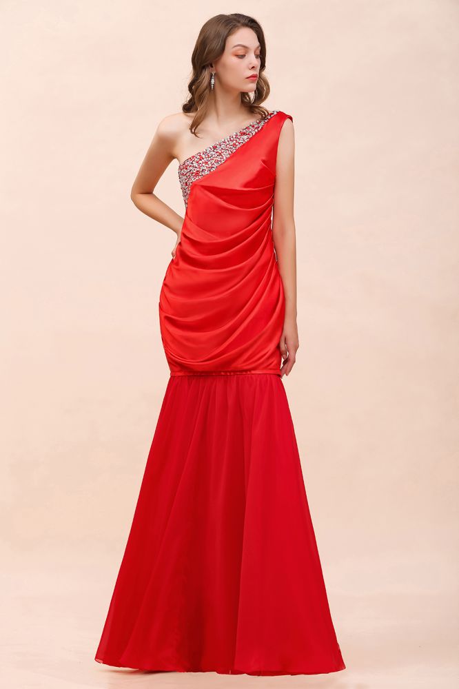 Vestido de dama de honor rojo satinado elástico con volantes y un solo hombro, largo hasta el suelo/minivestido de fiesta