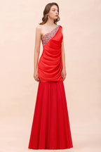 Vestido de dama de honor rojo satinado elástico con volantes y un solo hombro, largo hasta el suelo/minivestido de fiesta