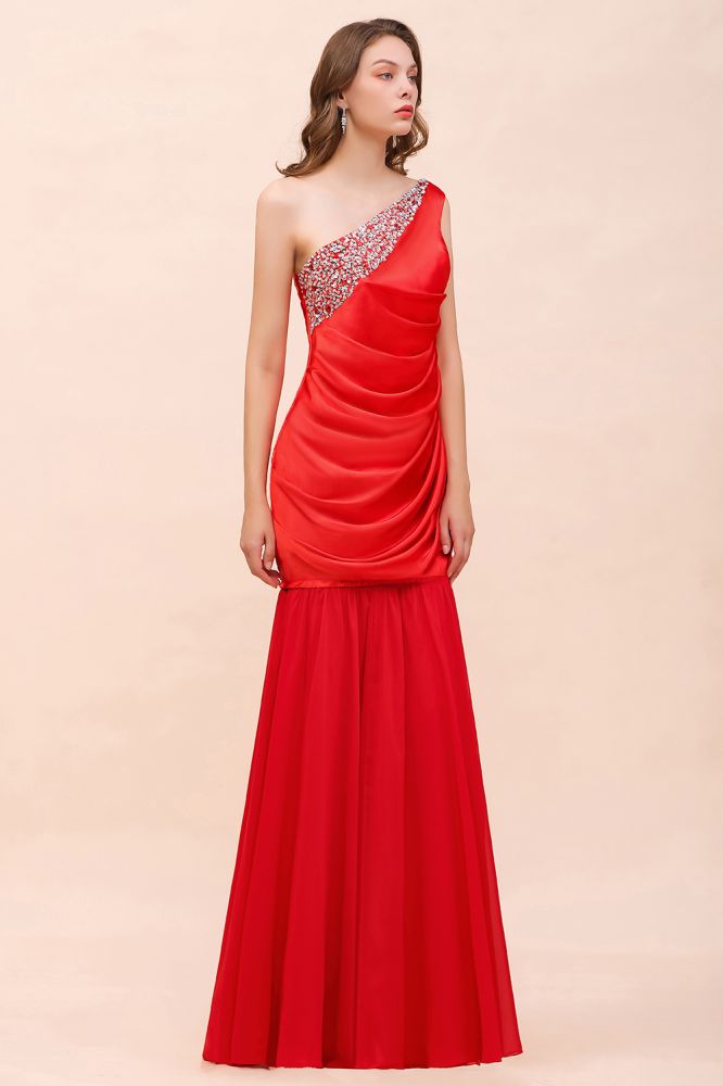Vestido de dama de honor rojo satinado elástico con volantes y un solo hombro, largo hasta el suelo/minivestido de fiesta