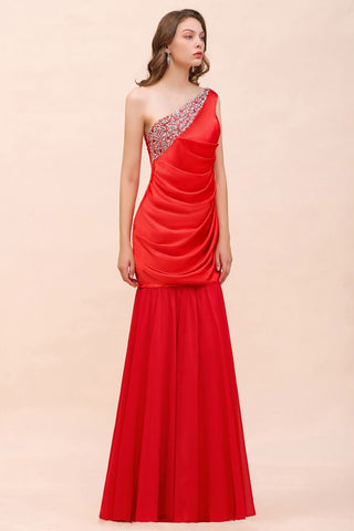 One Shoulder Strech Satin Red Ruffle Bridesmaid Dress Floor Length/Mini Party Dress
