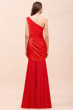 Vestido de dama de honor rojo satinado elástico con volantes y un solo hombro, largo hasta el suelo/minivestido de fiesta