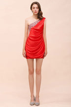 Vestido de dama de honor rojo satinado elástico con volantes y un solo hombro, largo hasta el suelo/minivestido de fiesta