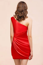 Vestido de dama de honor rojo satinado elástico con volantes y un solo hombro, largo hasta el suelo/minivestido de fiesta