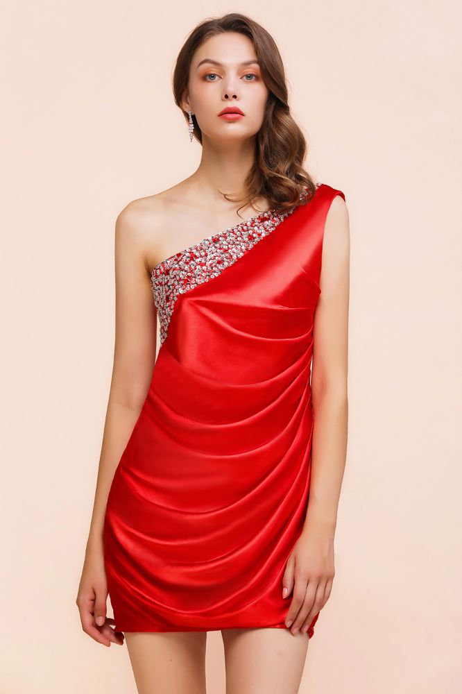 Vestido de dama de honor rojo satinado elástico con volantes y un solo hombro, largo hasta el suelo/minivestido de fiesta