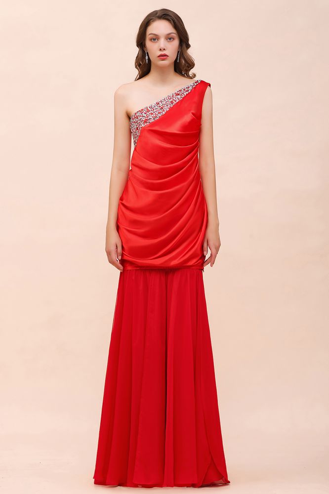 Vestido de dama de honor rojo satinado elástico con volantes y un solo hombro, largo hasta el suelo/minivestido de fiesta