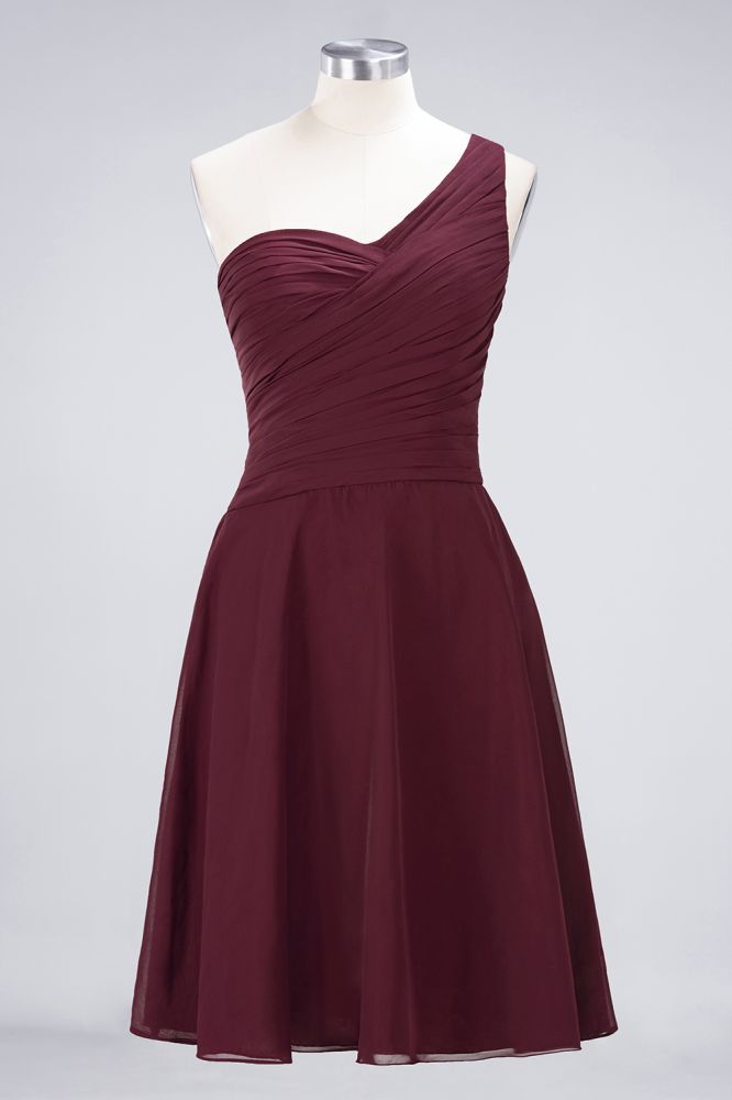 Vestido de dama de honor de un solo hombro con escote corazón y largo hasta la rodilla, con volantes y corte en A.