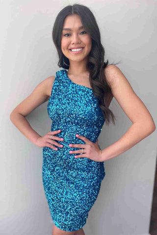 One Shoulder Tight Sky Blue Homecoming Dress