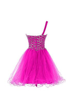 Vestidos de fiesta rosa fucsia, vestidos cortos de baile de graduación con un solo hombro PG073