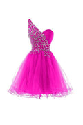 Vestidos de fiesta rosa fucsia, vestidos cortos de baile de graduación con un solo hombro PG073