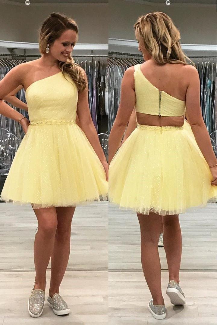 Vestido de fiesta de bienvenida amarillo chic de tul con un solo hombro, lindo vestido de graduación PD374