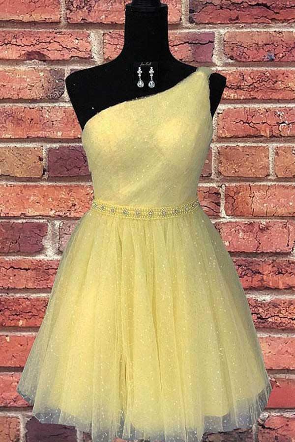 Vestido de fiesta de bienvenida amarillo chic de tul con un solo hombro, lindo vestido de graduación PD374