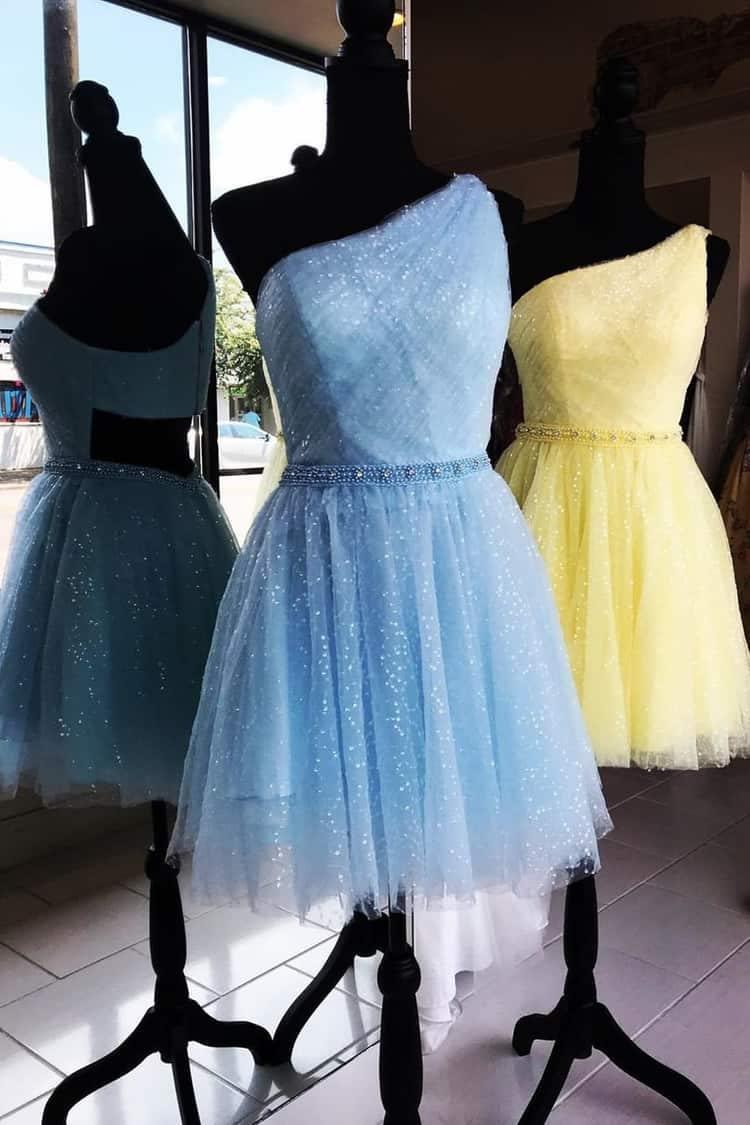 Vestido de fiesta de bienvenida amarillo chic de tul con un solo hombro, lindo vestido de graduación PD374