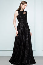 Robe de bal noire à sequins, coupe trapèze, longueur au sol, une manche