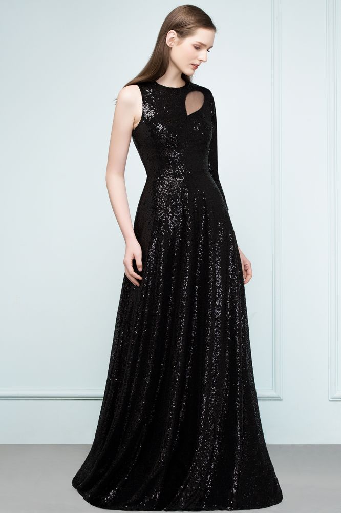 Robe de bal noire à sequins, coupe trapèze, longueur au sol, une manche