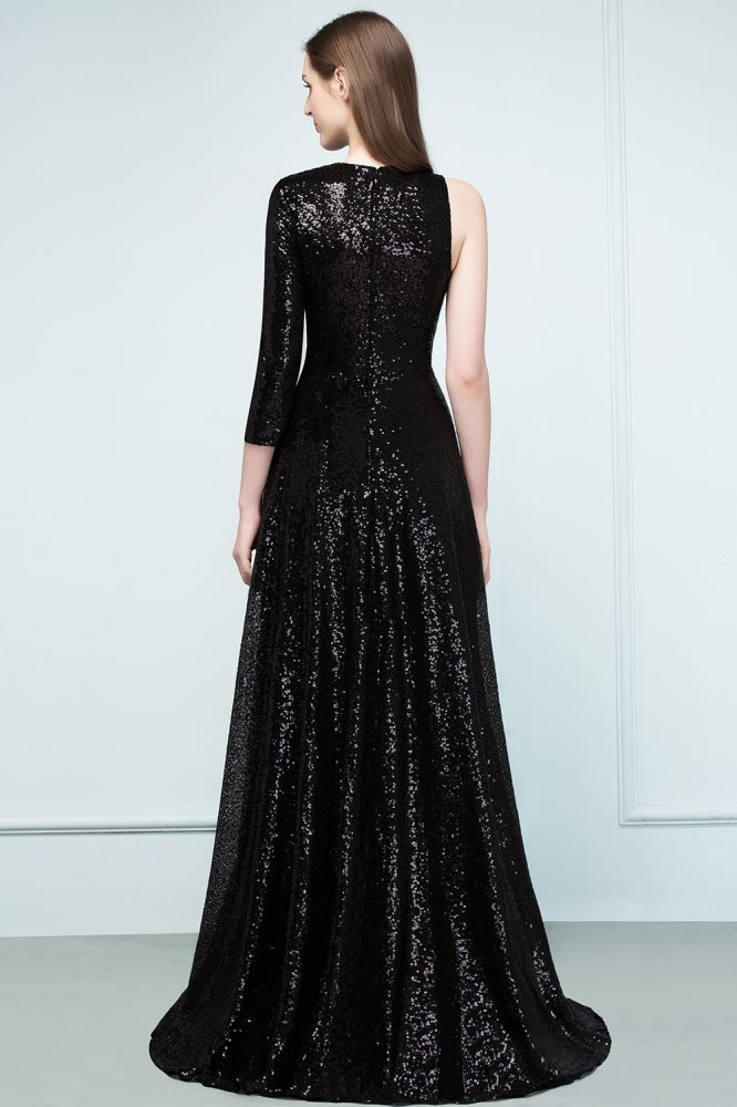 Robe de bal noire à sequins, coupe trapèze, longueur au sol, une manche