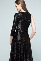 Robe de bal noire à sequins, coupe trapèze, longueur au sol, une manche