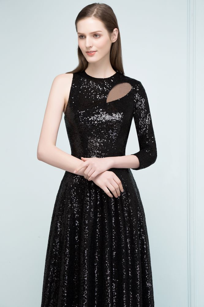 Robe de bal noire à sequins, coupe trapèze, longueur au sol, une manche