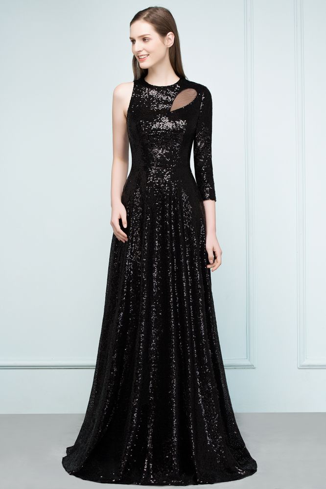 Robe de bal noire à sequins, coupe trapèze, longueur au sol, une manche