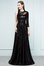Robe de bal noire à sequins, coupe trapèze, longueur au sol, une manche