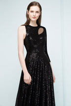 Robe de bal noire à sequins, coupe trapèze, longueur au sol, une manche