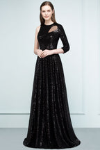 Robe de bal noire à sequins, coupe trapèze, longueur au sol, une manche