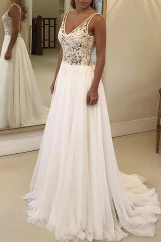 Vestido de novia de gasa con encaje, escote en V y espalda descubierta 