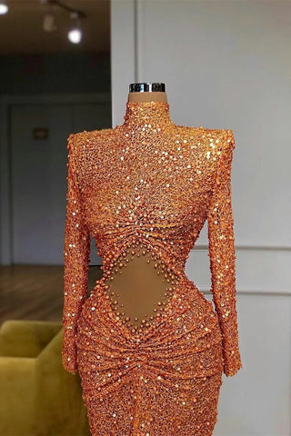 Orange High Neck Long Sleeves Mermaid Prom Dresses with Sequins Beads