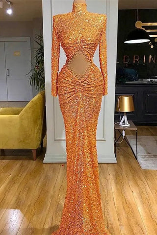 Orange High Neck Long Sleeves Mermaid Prom Dresses with Sequins Beads