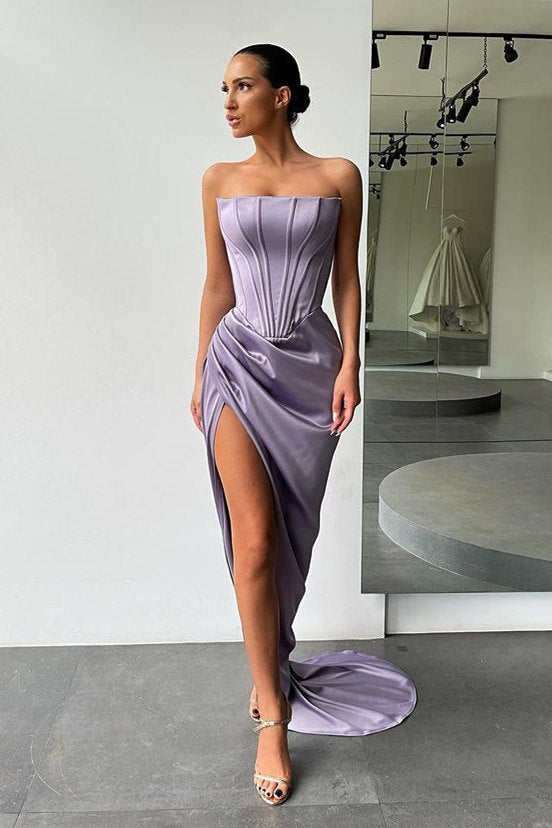 Orange Strapless Pleats Prom Dress with court train High-split