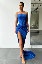 Orange Strapless Pleats Prom Dress with court train High-split