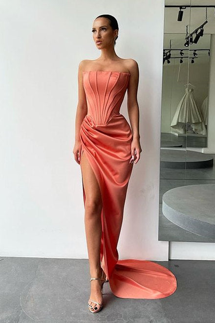 Orange Strapless Pleats Prom Dress with court train High-split