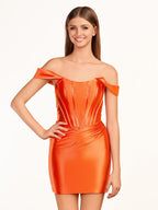 Fuchsia Sheath Off the Shoulder Short Satin Homecoming Dress