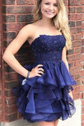 Vestido corto de fiesta sin tirantes de organza, corte en A, azul marino, para baile de bienvenida PD393