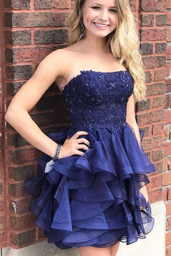 Vestido corto de fiesta sin tirantes de organza, corte en A, azul marino, para baile de bienvenida PD393