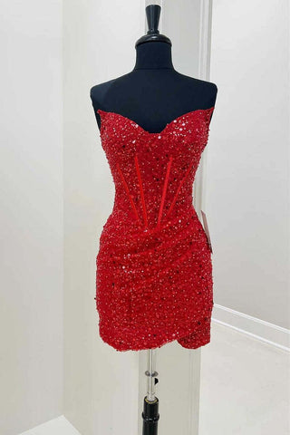 Robe de bal moulante rouge à sequins et corset à décolleté cœur