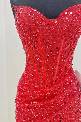Robe de bal moulante rouge à sequins et corset à décolleté cœur