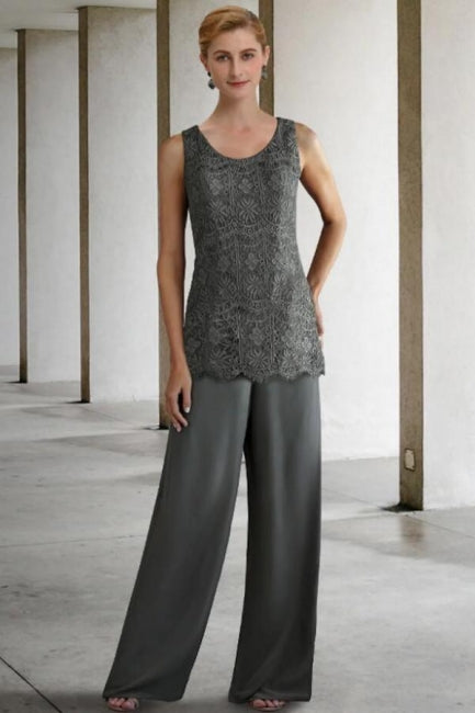 Traje pantalón de 3 piezas, vestido para la madre de la novia, talla grande con encaje