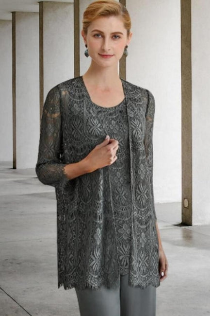 Traje pantalón de 3 piezas, vestido para la madre de la novia, talla grande con encaje