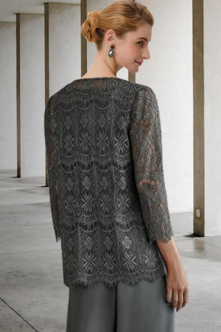 Traje pantalón de 3 piezas, vestido para la madre de la novia, talla grande con encaje